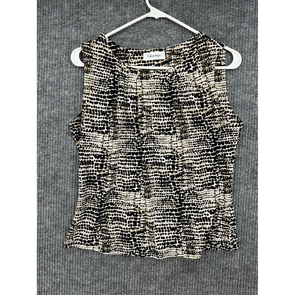 Calvin Klein Shell Top Womens Medium Tan Black Excellent Abstract Animal Pleated